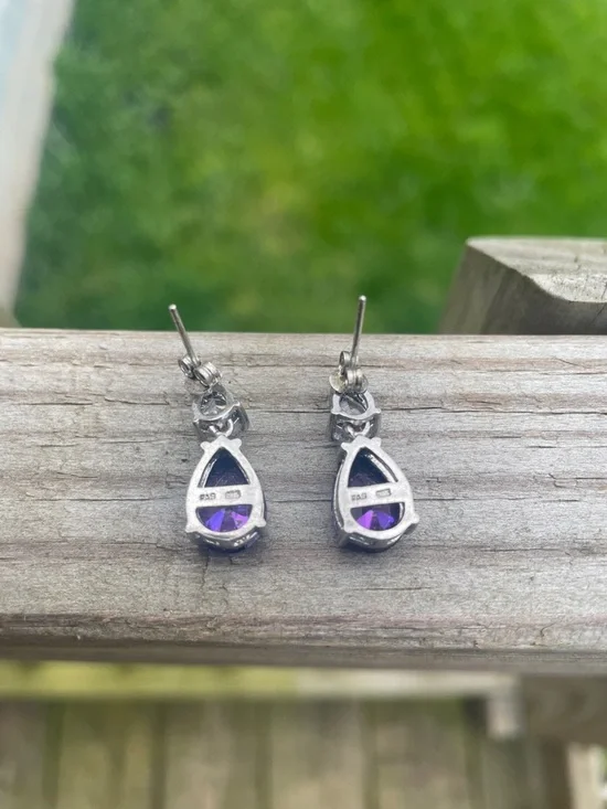 Sterling Silver Purple Teardrop Drop Earrings - Picture 5 of 8